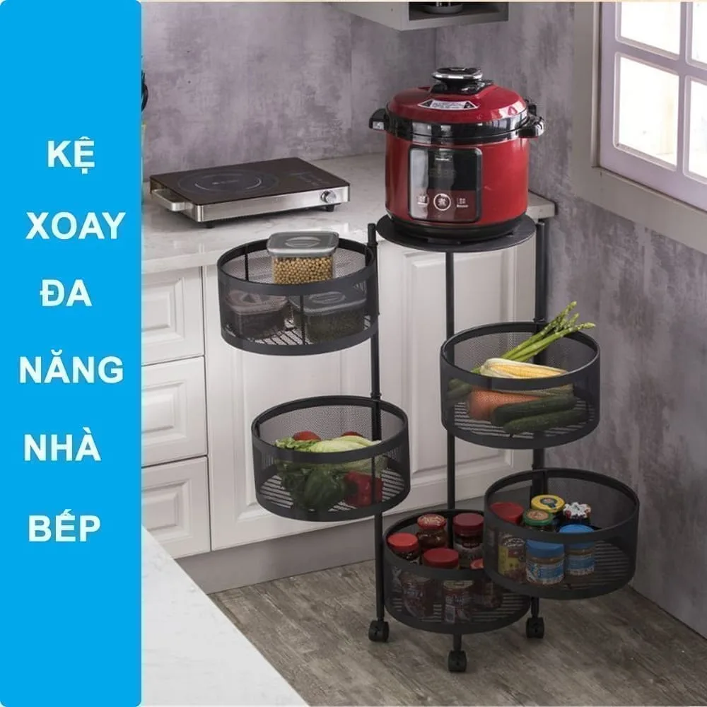 kệ xoay đa năng nhà bếp, kệ đựng rau củ quả nhà bếp thông minh, kệ xoay 360 có bánh xe di chuyển