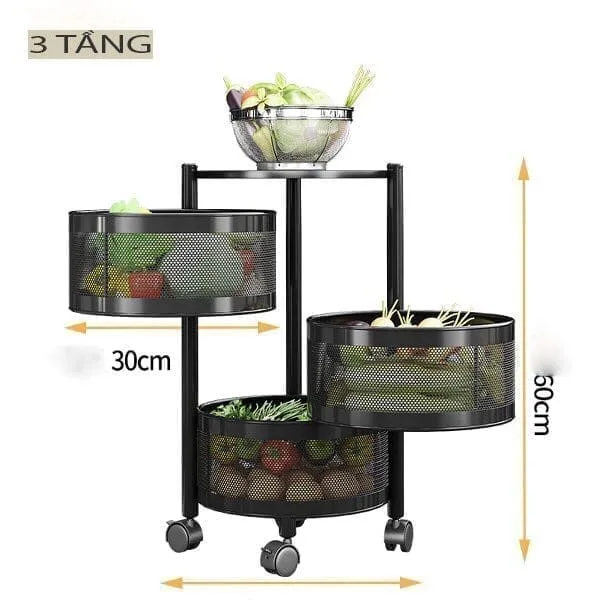 kệ đựng rau củ quả nhà bếp, kệ xoay đa năng nhà bếp, kệ lưu trữ di động, kệ xoay 360 độ đựng rau củ quả 3 tầng